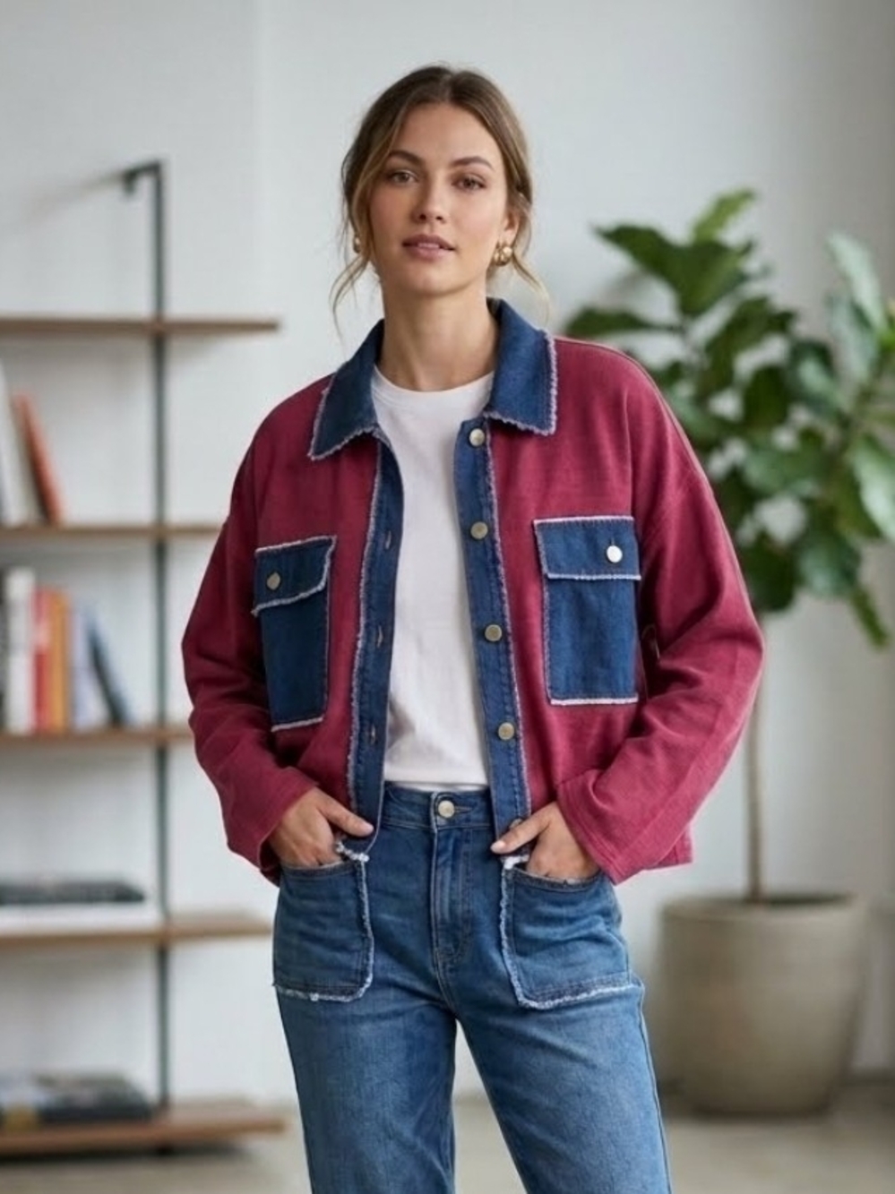 Nanette Lepore Womens Berry Knit Denim Trim Shacket Jacket NWT Size XL